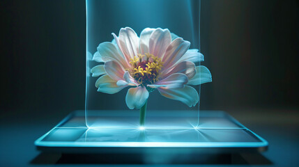 Pink holographic flower floating in illuminated glass display. Futuristic 3D floral projection combining digital technology with elegant botanical beauty for modern creative concepts.