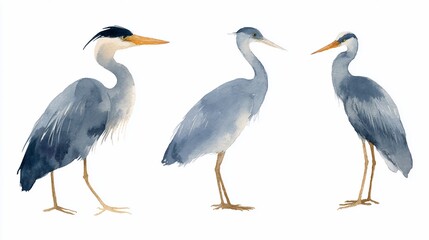 Fototapeta premium Watercolor depictions of three herons standing in a row on a plain white backdrop.