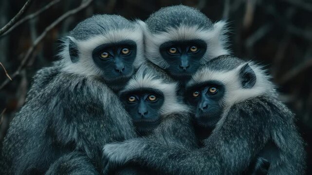 Captivating moment of four monkeys in close embrace showcases their strong bond in a serene natural setting