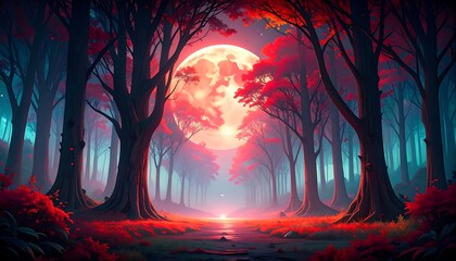 A vibrant, mystical forest bathed in red moonlight