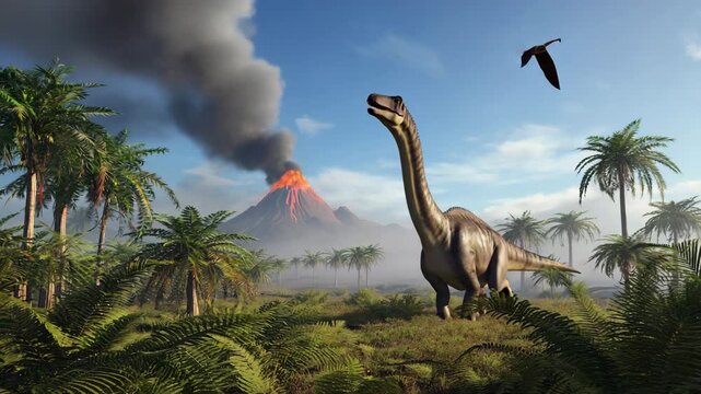 Dinosaur at Tropical Volcano &mdash; Sauropod and Pterosaurs in Prehistoric Jungle