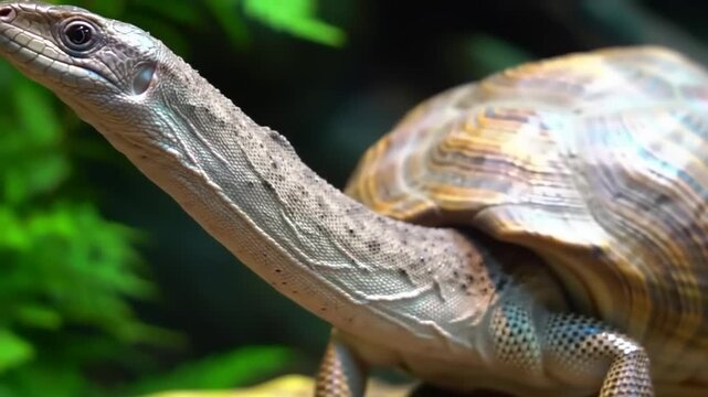 Close-up of a lizard resting on a turtle shell