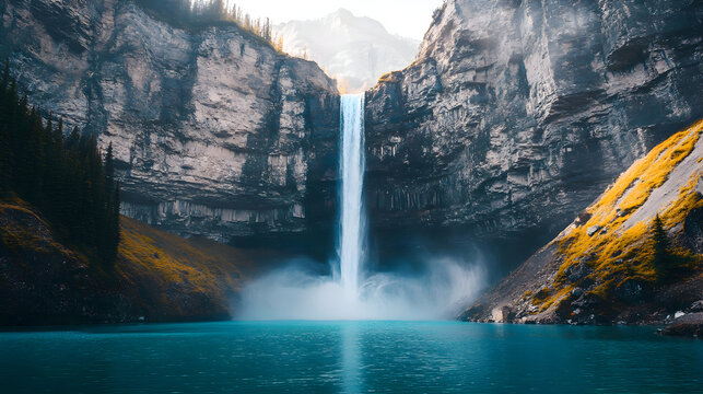 Majestic Waterfall Plunging into Teal Lake