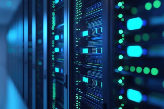 3D rendering close up of illuminated server racks in a high tech data center with blue and green LED lights, ideal for IT infrastructure, cloud computing, and network technology marketing