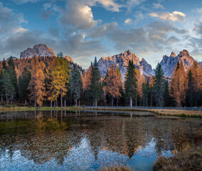 Beautiful autumn evening Lake Antorno and Three Peaks of Lavaredo, Dolomites, Italy
