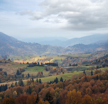 Cloudy and foggy day autumn mountains scene. Peaceful picturesque traveling, seasonal, nature and countryside beauty concept scene. Carpathian Mountains, Ukraine.