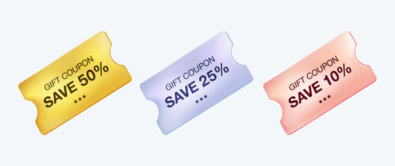 Set of coupon templates with percent sale off, isolated on white background. 50, 25 and 10 percent discount coupons