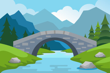 A beautiful cartoon illustration of a mountain landscape with a bridge over a river, surrounded by green trees, a grassy field, and blue sky