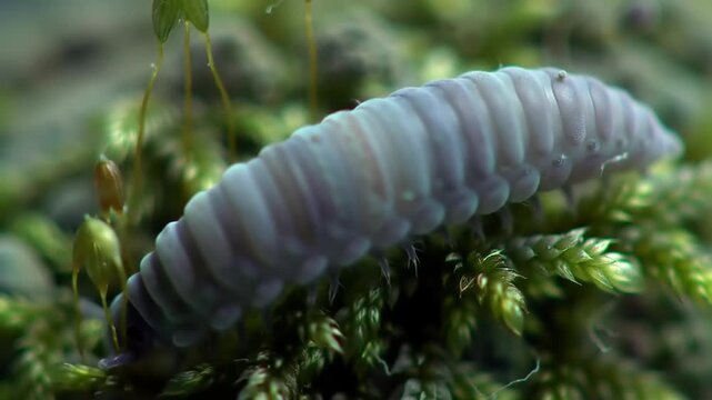 Close-up of a pale-blue segmented creature on moss