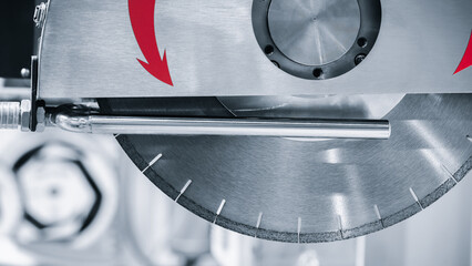Circular saw blade for stone and other materials close-up, industrial concept stone processing concept.