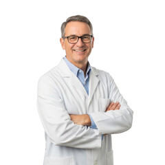 Fototapeta premium Smiling male physician wearing glasses and a white lab coat with arms crossed isolated on transparent background