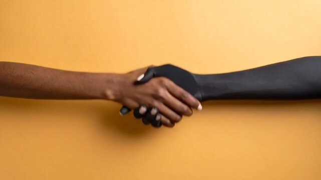 Interracial handshake, one black hand, one regular, on a gold background
