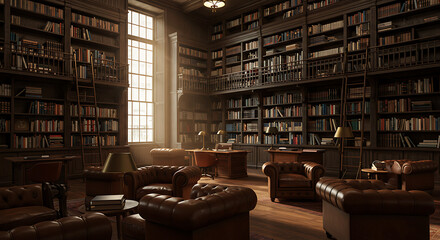 Luxurious library with leather chairs and tall bookshelves