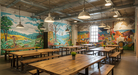 Vibrant cafe with rustic wooden tables and colorful mural art