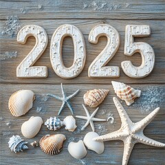The phrase 2025 is inscribed on rustic driftwood and paired with seashells to create a new year greeting card