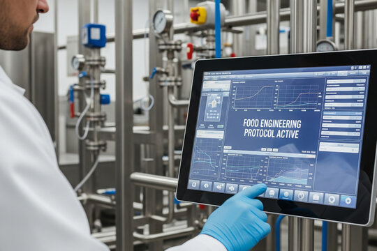 Food engineering specialist monitoring an automated production line using a digital tablet with a process control protocol active on the graphical user interface