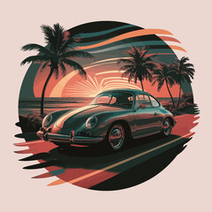 A captivating 3D render of a vintage car t-shirt design
