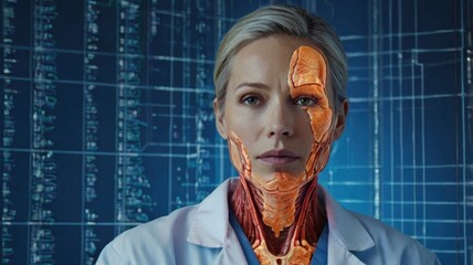 Augmented reality face scan of a young female doctor in a laboratory