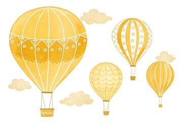 Whimsical collection of four decorative yellow hot air balloons floating gently among soft clouds