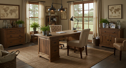 Comfortable home office with natural light and rustic decor
