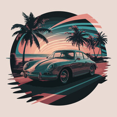 A captivating 3D render of a vintage car t-shirt design