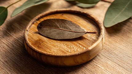 A circular bamboo coaster with a faint water ring at its center, topped with a single dried eucalyptus leaf.