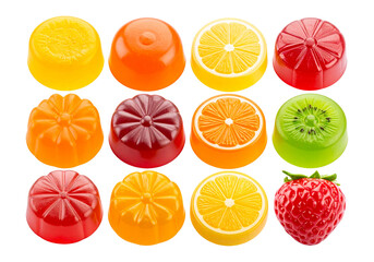 Obraz premium Assortment of colorful fruit shaped candies isolated on transparent background