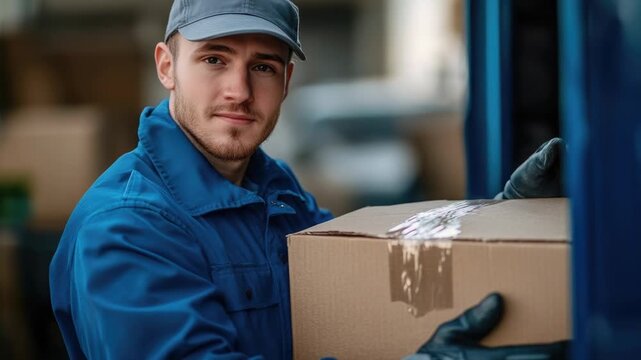 A man in a blue uniform is holding a box, suitable for use in various scenes such as office or warehouse settings - Powered by Adobe