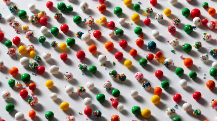 Top view of colorful small candy like balls arranged diagonally
