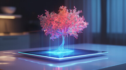 holographic blossom tree, pink tree hologram, futuristic nature display, augmented reality flora, glowing pink flowers, 3D tree projection, mixed reality nature, virtual cherry blossom, eco tech desig