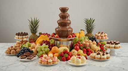 Naklejka premium Chocolate fountain surrounded by fresh fruit, mini cakes, and assorted pastries.