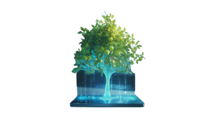 Digital holographic tree. Futuristic eco technology blending virtual reality with sustainable nature concepts for environmental innovation. Isolated on transparent background, png.	