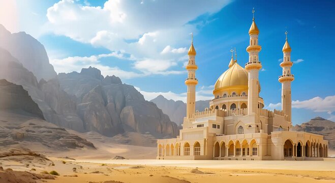 A Majestic Blue Mosque Stands Tall Against a Dramatic Desert Landscape