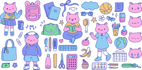 Cute schoolgirl kittens with school supplies set. Adorable cats with books, backpacks, pencils, and classroom accessories. Vector illustration for children’s designs, education materials, stationery