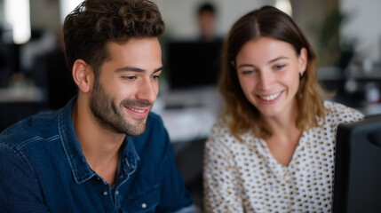 Graphic designer providing constructive feedback to intern in agency