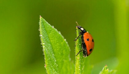 Fototapeta premium Ladybug perched on a dew-covered leaf.