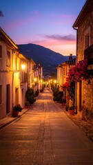 Obraz premium Cobblestone street at twilight in a quaint village.