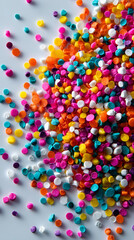Pile of small colorful plastic granules in mixed vibrant hues on light background