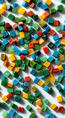 Close up of small square colorful plastic granules in scattered arrangement