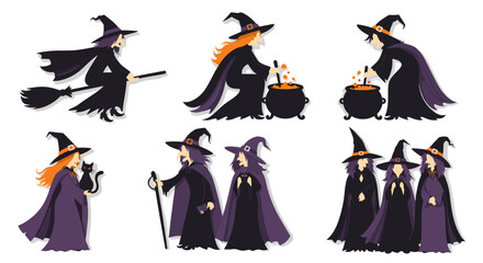 Halloween witches with cauldrons vector illustration isolated on white background for spooky design