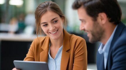 Businesswoman and colleague engaging over digital tablet pitch