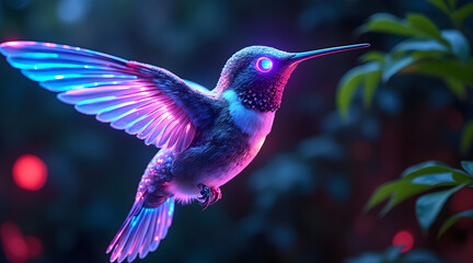 Cybernetic hummingbird with glowing neon blue and purple lights on its wings and body flying near green leaves in dark environment