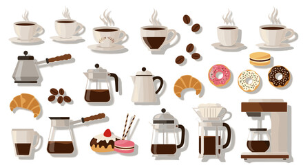 Assorted coffee cups and pastries with various desserts and treats