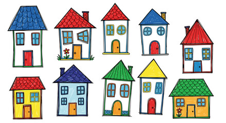 Colorful childlike drawings of houses with red, blue, and green roofs