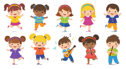 Cartoon children happily dancing and playing musical instruments