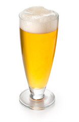 Glass of cold beer with foam on white background