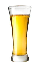 Refreshing golden beer standing in elegant glass on white background