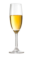 Champagne flute containing sparkling white wine on white background