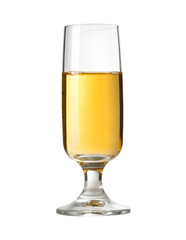 Glass of sparkling white wine on white background