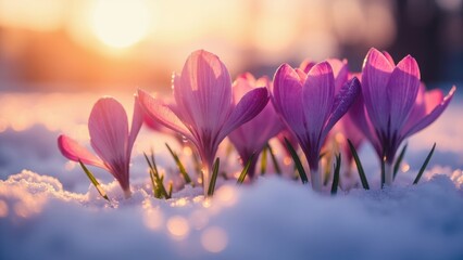 Purple crocuses emerging through the snow against a blurred sunrise backdrop. Concept of early spring, the beauty of nature, and hope.